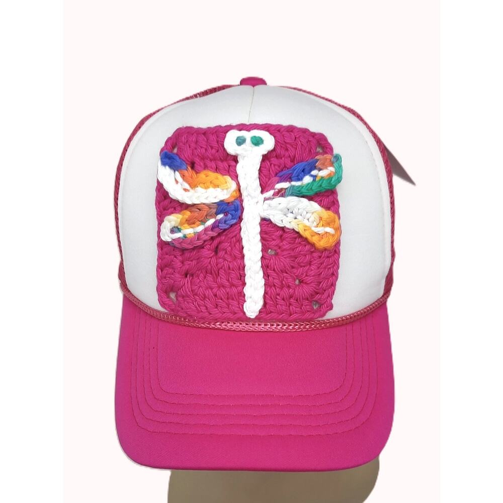 Pink Trucker Hat Crochet Granny Square Handmade Dragonfly Fairy Adjustable NEW